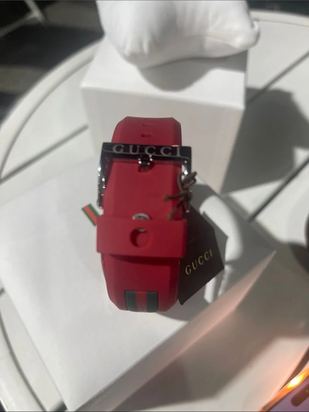 Gucci Red Transparent Silicone Logo Strap Watch with Green-Red Accent